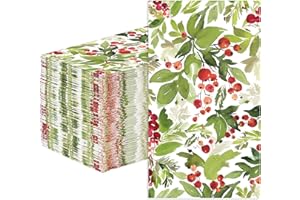 GRENCIAN 100Pcs Christmas Napkins Disposable Watercolor Holly Berry Greenery Paper Napkin 3 Ply Christmas Paper Guest Napkins for Lunch Dinner Kitchen Bathroom Winter Holiday Supplies Xmas Party Decorations
