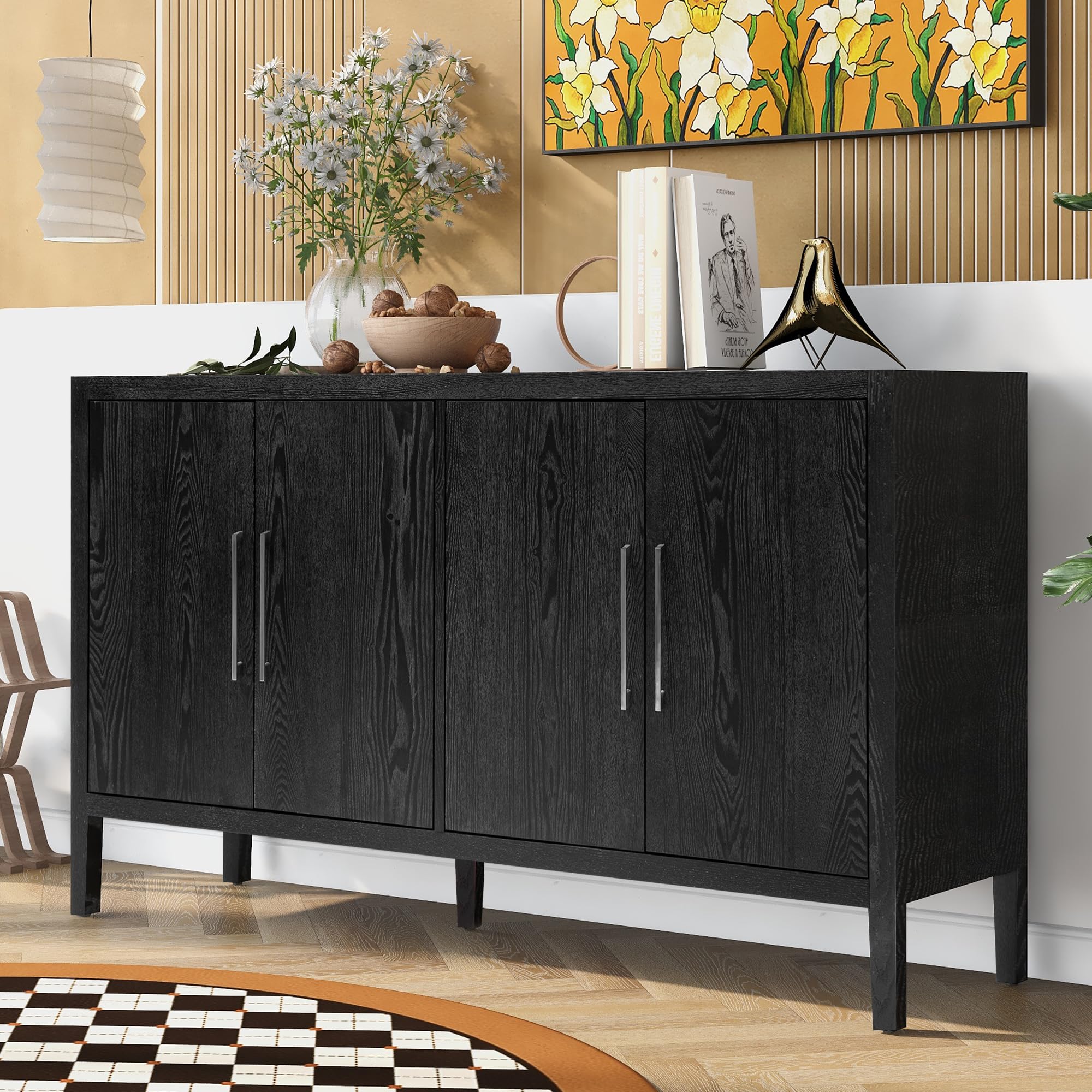 Photo 1 of ***Loose Hardware In Box*** Merax Wood Sideboard Buffet Cabinet with Storage, 4 Door Farmhouse Cupboard w/Adjustable Shelves, Console Table for Kitchen, Dining/Living Room(Black)