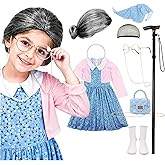 AXINYINGESS 100 Days of School Old Lady Costume Grandma Dress Up Set for Girls Costumes Granny Outfit Kit