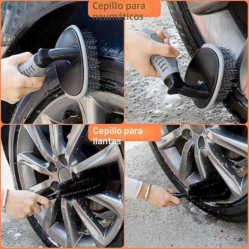 Juego de limpieza para el coche, juego de lavado de coche, juego de 17 piezas para el cuidado del coche para limpieza interior y exterior, salpicadero, rejilla de ventilación, motor, ruedas