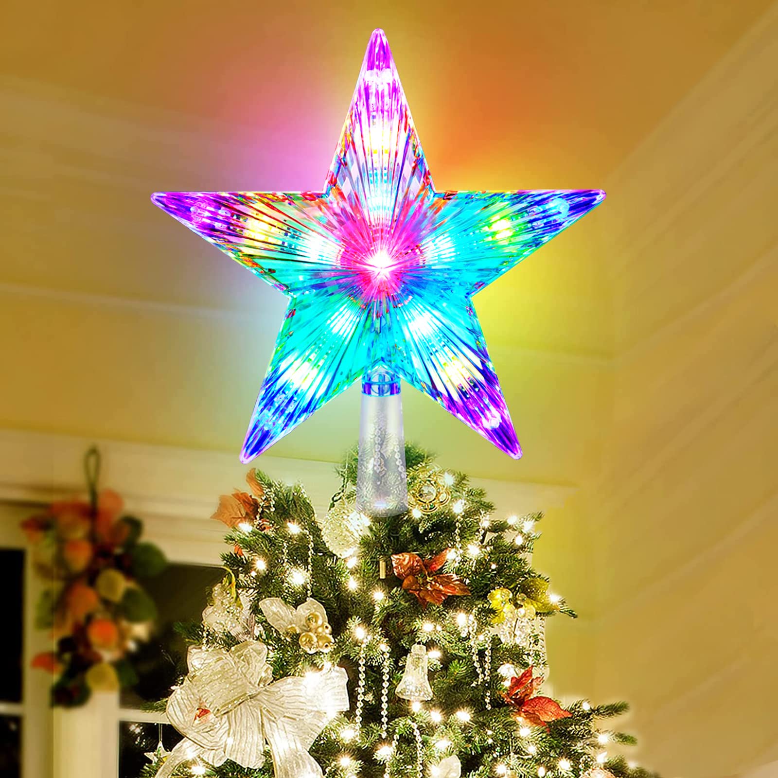 Photo 1 of Christmas Tree Topper, FISHOPE 9.5" Tree Toppers Christmas Decorations Lighted Star, Multicolour Tree Topper Star with Lights 31 LED for Xmas Holiday Party Gift Décor (3AA Battery Powered)
