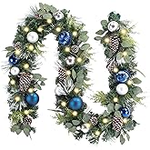 WANNA-CUL Pre-Lit 9 Feet/108 Inch Christmas Garland with Lights for Front Door Silver Blue Lighted Christmas Mantel Garland Decoration with Ball Ornaments, Pine Cones, Battery Operated 50 LED