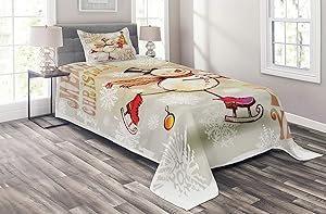 Ambesonne Christmas Coverlet, Skating Happy Snowman with Christmas Tree Cheerful Hand Drawn Ornate Snowflakes, 2 Piece Decorative Quilted Bedspread Set with 1 Pillow Sham, Twin Size, Beige White