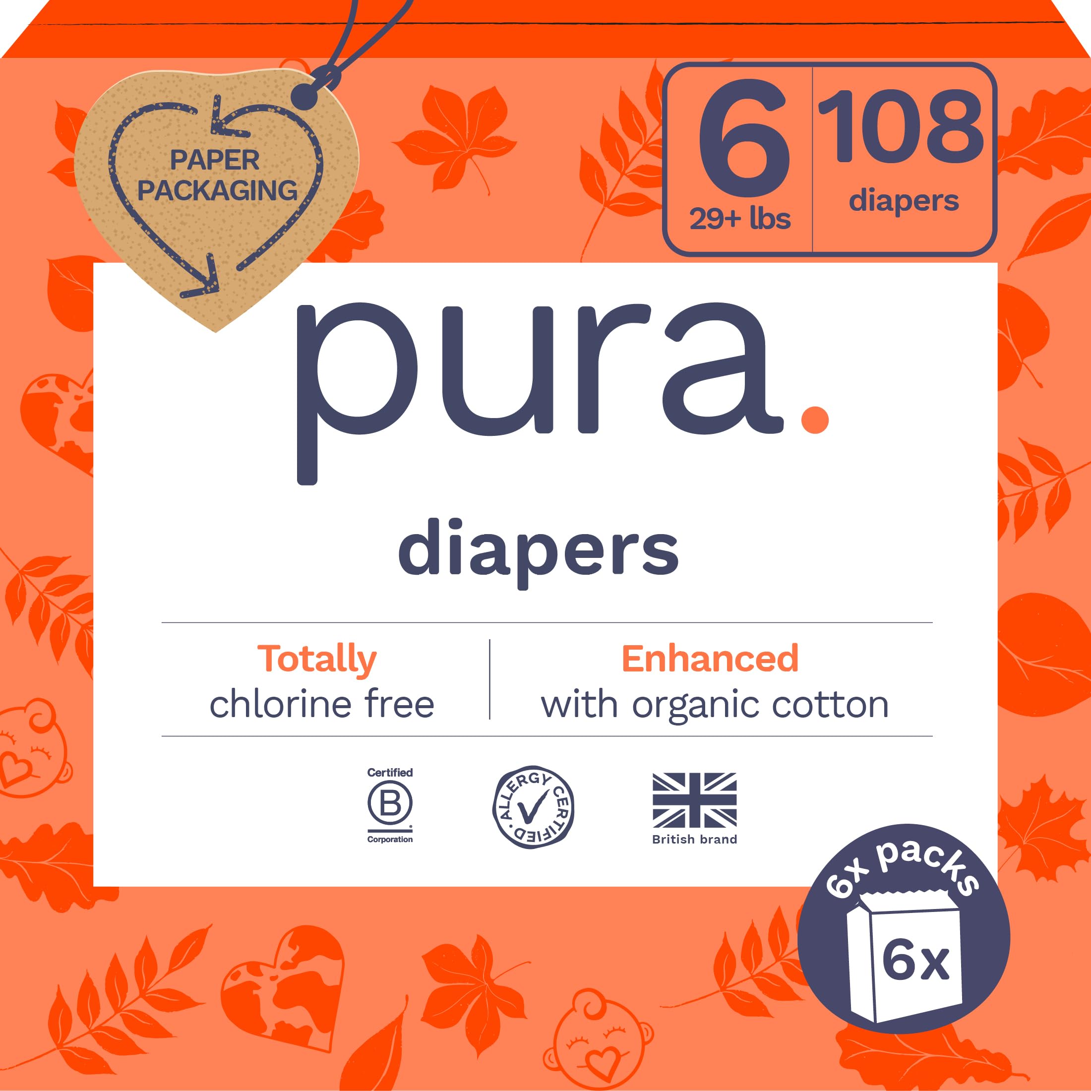 Photo 1 of Pura Size 6 Eco-Friendly Diapers (29+ lbs) Totally Chlorine Free (TCF),Hypoallergenic, Soft Organic Cotton, Sustainable, up to 12 Hours Leak Protection, Allergy UK, 18 Count (Pack of 6),Total-108