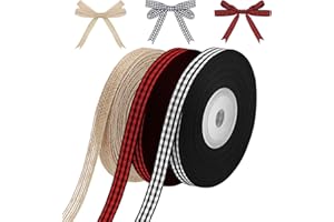 XINNUN Christmas Ribbons Black Red Buffalo Plaid Fabric Ribbon Black and White Checked Gingham Ribbon 25 Yards Natural Burlap Ribbons Rustic Wrapping Ribbon for DIY Craft Party Decor (0.4 Inch)