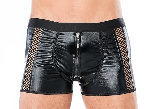 Herren Dessous Boxershorts schwarz aus wetlook Material mit Reißverschluss Männer Shorts UnterwäscheGröße: S/M