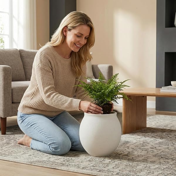 KAYOLIN ROUND WIDE MOUTH WHITE CERAMIC VASE -9.7″ LARGE FLOWER POT WITH DRAINAGE HOLE FOR INDOOR PLANTS, GRAVEL TEXTURED CREAM WHITE VASE & PLANTER FOR HOME DECOR