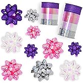 32 Pcs Gift Bows Assortment Set 30 Multi Colored Assorted Size Gift Bows Purple Pink White Silver & 8 Curling Ribbon Rolls for Christmas Holiday Party