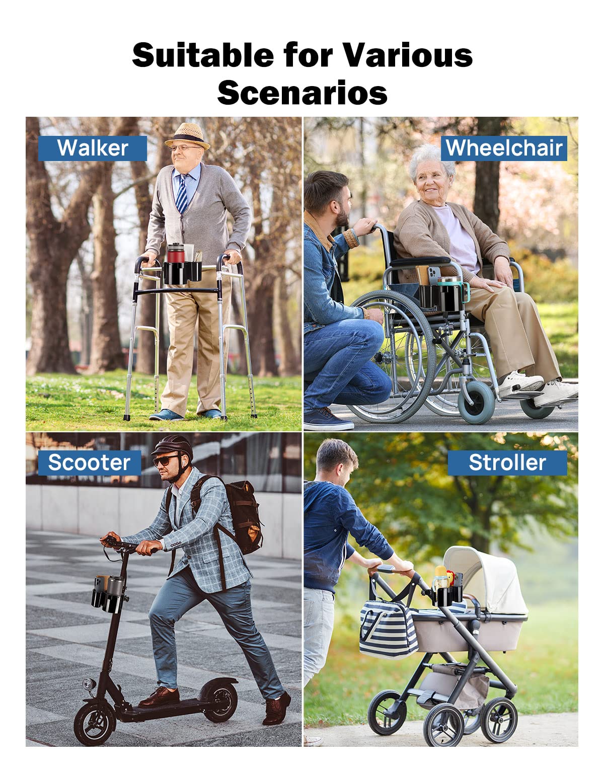 JOYTUTUS Wheelchair Cup Holder, 2-in-1 Walker Cup Holder with 6.4'' Large Storage Box, Drink Holder for Bottle with Handle, Fit for Wheelchair, Walker, Rollator, Stroller, Camper, Golf cart (Large)