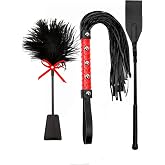 Riding Whip Riding Crop and Feather Tickler Set for Couples, Faux Leather Whips Black and Red, Feather Ticklers Teasers