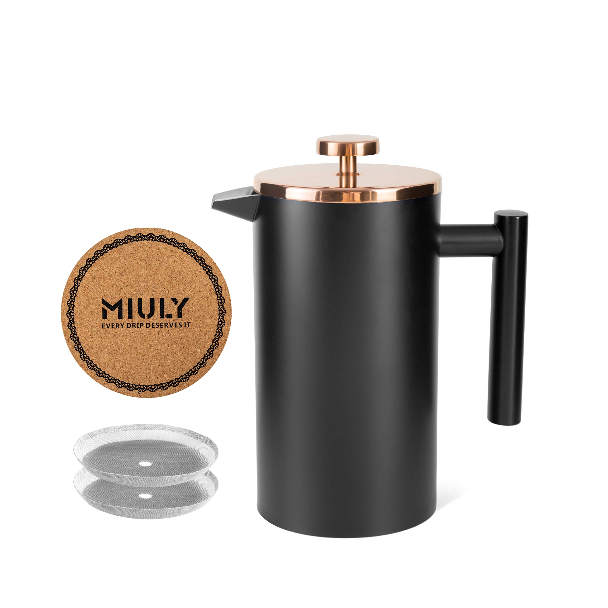 MaxMiuly French Press 1 Litre/8 Cup Cafetiere Black Coffee Press Double Wall Stainless Steel Coffee Maker and Tea Maker with Rose Gold Metal Lid and Extra Replacement Filter Mesh Coaster Mat