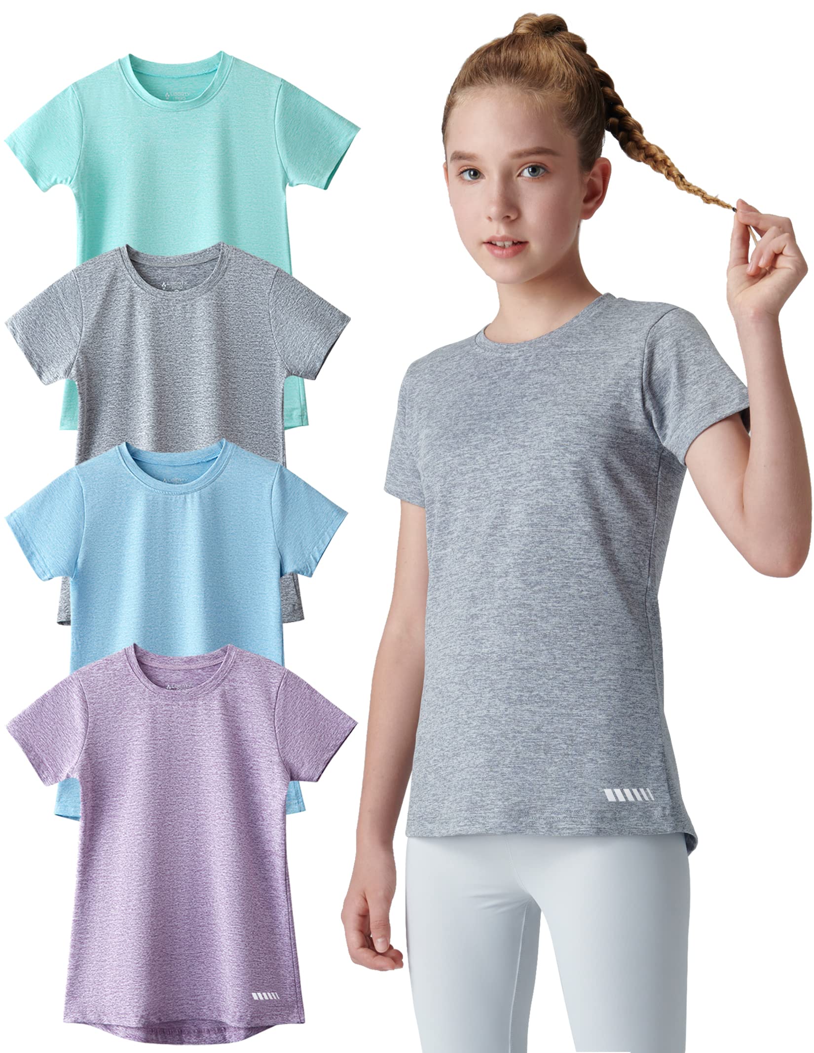 4 Pack: Youth Girls Athletic Shirts, Short Sleeve Dry Fit Apparel Tech Tshirts, Sports Activewear for Kids Teens