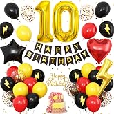 10th Birthday Decorations Red Black Yellow,10th Cartoon Birthday Balloon | Kids Number 10 Balloons Banner Cake Topper Boy Girls Birthday Party Decor