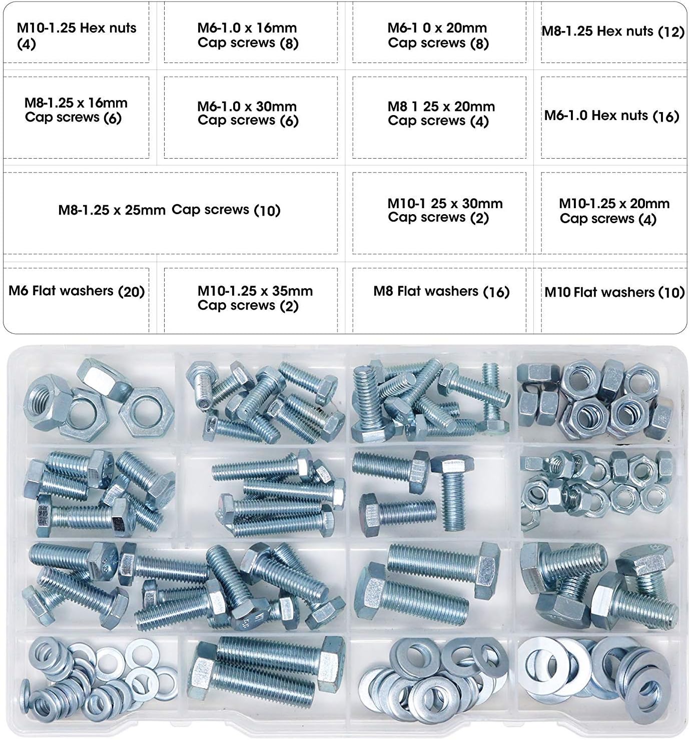 T.K.Excellent Hex Bolts M6 M8 M10 and Hex Nuts and Washers Set Kit,128 Pcs, Silver, 22.5*13*3cm