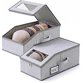 2 Pcs Stackable Hat Storage for Baseball Caps With Breathable Clear Window Lid, Flip-Top Access,Dust-Proof Zipper,Durable Cardboard Base,Space-Saving Cap Box