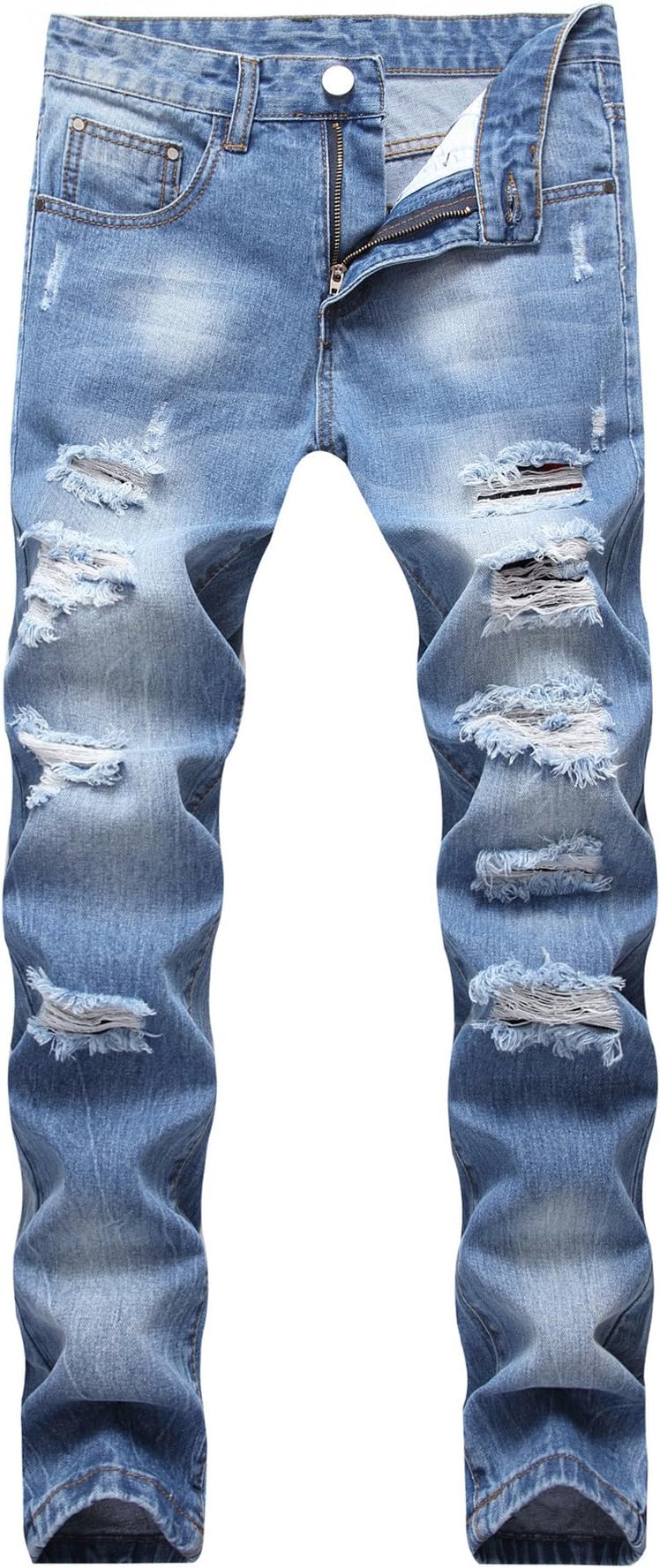 OKilr Pjik Men's Washed Light Blue Stretch Distressed Slim Fit Ripped Denim Jeans