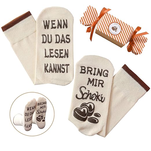 [Schokolade/Wein/Kaffee Socken in Rosa/Pink/Beige]'WENN DU DAS LESEN KANNST, BRING MIR WEIN/KAFFEE/Schoki' in Geschenk-Verpac