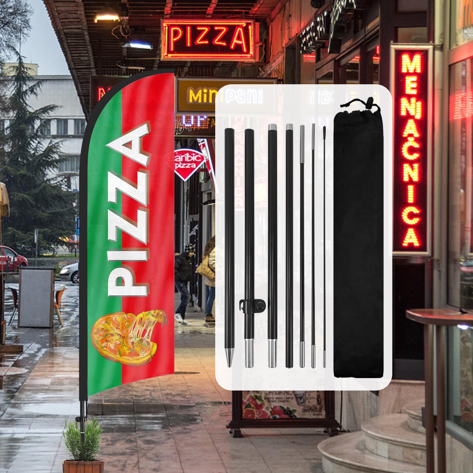 QSUM Pizza Feather Flag,8FT Pizza Advertising Swooper Flag with Pole Kit, Ground Spike, Pizza Signs for Businesses and Storefronts