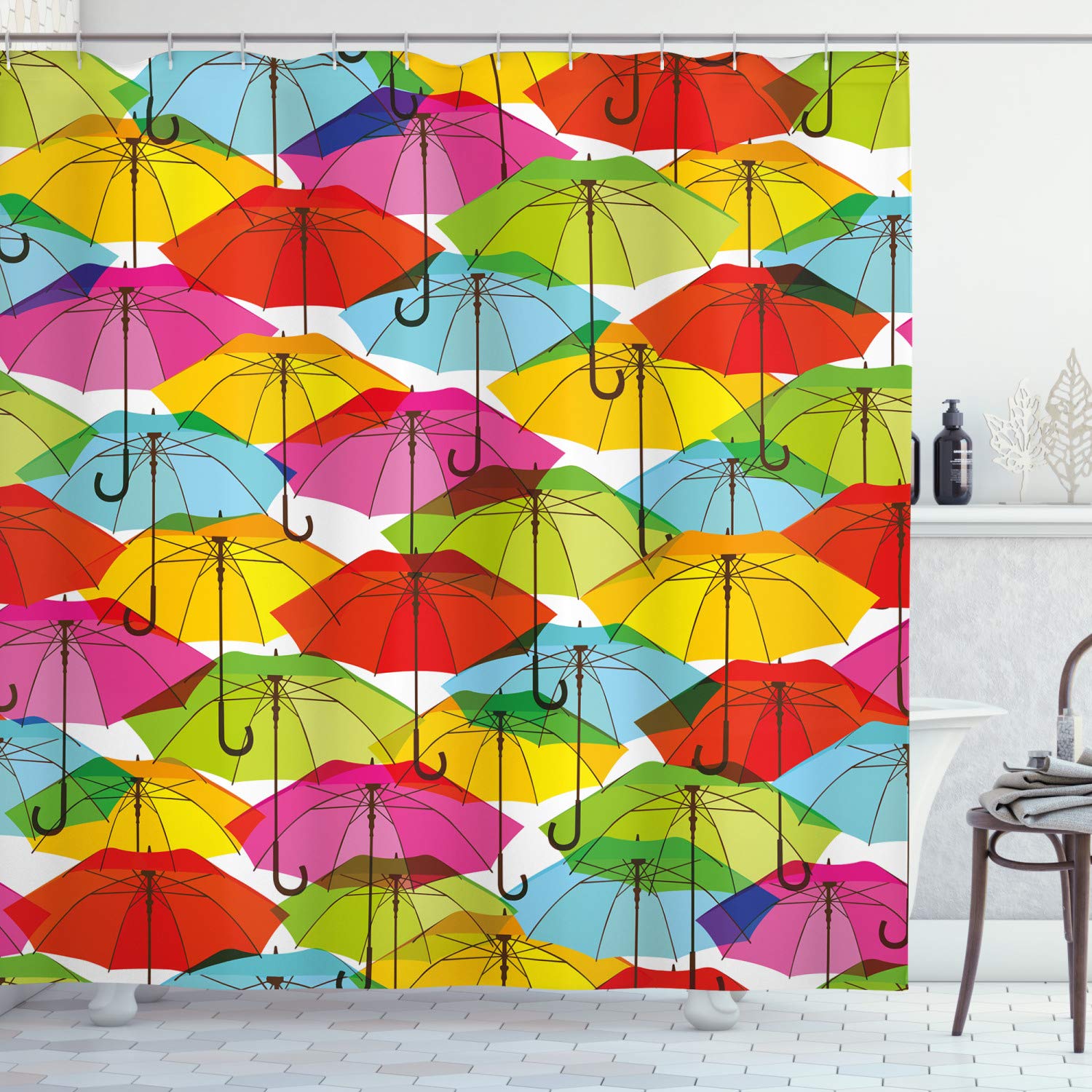 ABAKUHAUS Modern Shower Curtain, Colorful Umbrella in Vibrant Tones Abstract Rain Themed Display, Cloth Fabric Bathroom Decor Set with Hooks, 86 Inches Extra Long, Scarlet Multicolor