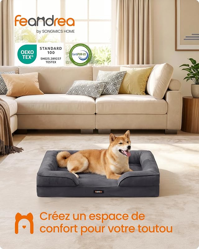 Panier pour Chien Orthopédique, Lit pour Chien L, Bord Surélevé, Mousse Alvéolée, Housse Amovible, Lavable, Antidérapant, Doublure Hydrofuge, Gris Ardoise, 89 x 63 x 16 cm PGW322GN01