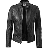 WECNOM Leather Jacket Women Casual Winter Fashion - Real Lambskin Cafe Racer Style Womens Motorcycle Jacket
