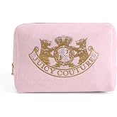 Juicy Couture Pink Velour Makeup Bag Cosmetics Organizer, Gold Terroir Dog | Travel Essentials, Zip Top, Wedge, Rhinestone Crown