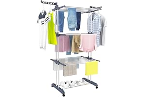 HOMIDEC Clothes Drying Rack, Oversized 4-Tier(67.7" High) Foldable Stainless Steel Drying Rack Clothing, Movable Drying Rack with 4 castors, 24 Drying Poles and 14 Hooks for Bed Linen, Clothing, Grey