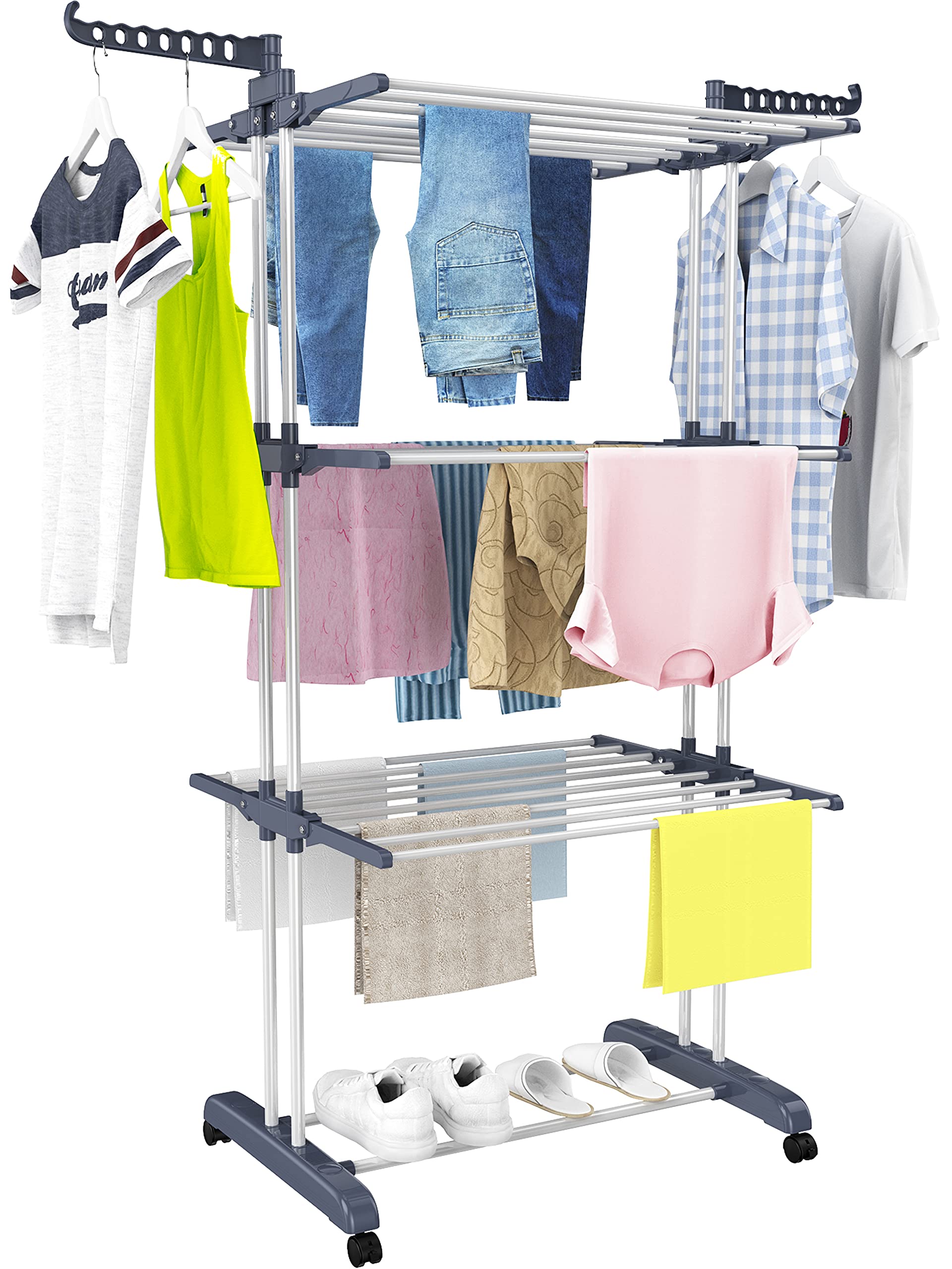 Photo 1 of HOMIDEC Clothes Drying Rack, Oversized 4-Tier(67.7" High) Foldable Stainless Steel Drying Rack Clothing, Movable Drying Rack with 4 castors, 24 Drying Poles and 14 Hooks for Bed Linen, Clothing, Grey