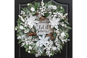 Pinkpuii 24 Inch Winter Wreaths for Front Door Outside, Outdoor Winter Wreath with Christmas Flowers and Pinecones, Artificial Flocked Christmas Wreath with White Berries-Winter Decorations for Home