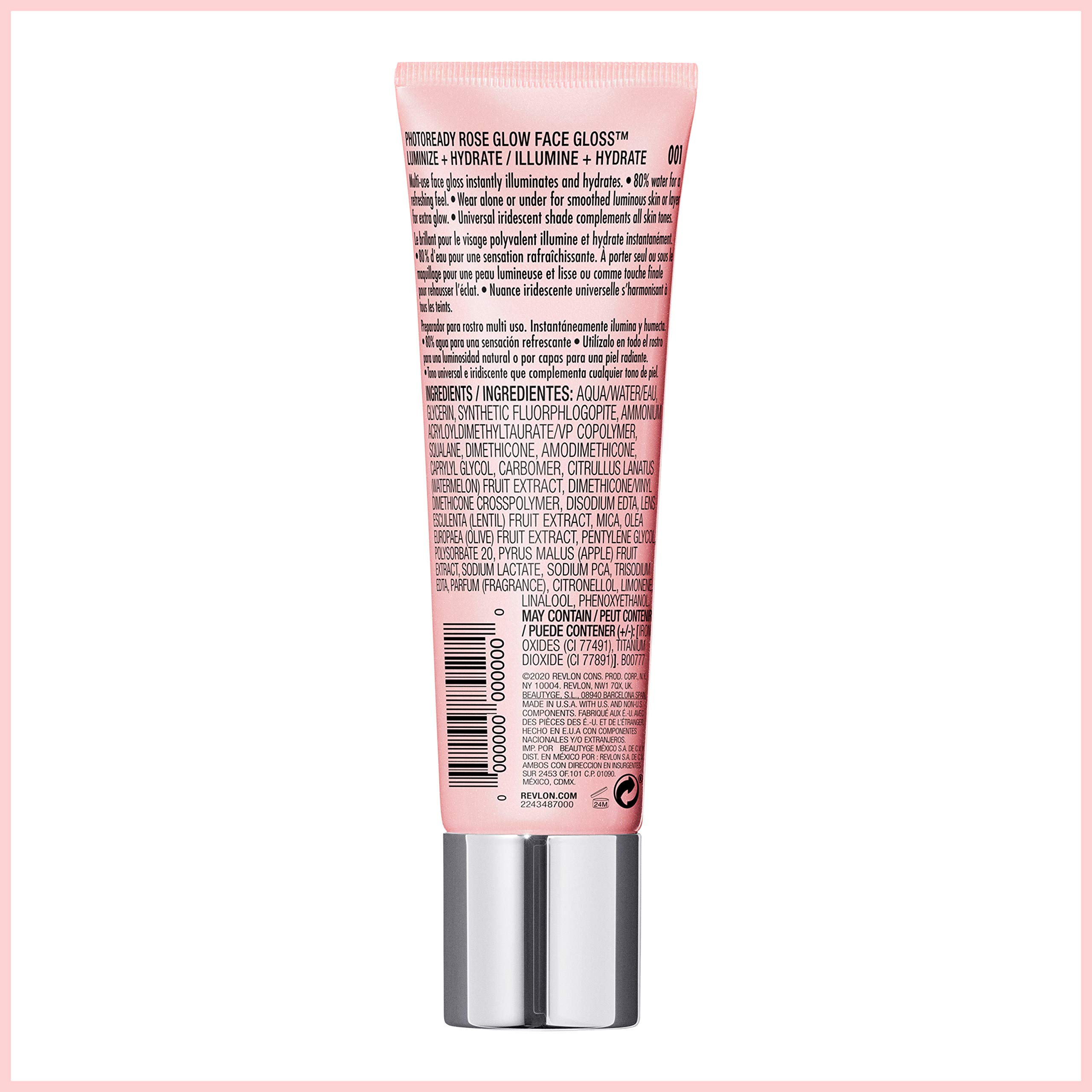 Revlon PhotoReady Face Gloss Rose Glow Primer, Makeup for All Skin Types, Hydrates, Illuminates & Moisturizes, Infused with Glycerin & Olive Oil Extract, 80% Water, 1 Fl Oz