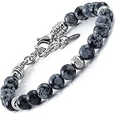 10:10 Beaded Bracelet for Men and Women – Natural Obsidian Snow Flake Gemstones and Stainless Steel – Adjustable & Durable & Elegant – Made in Italy