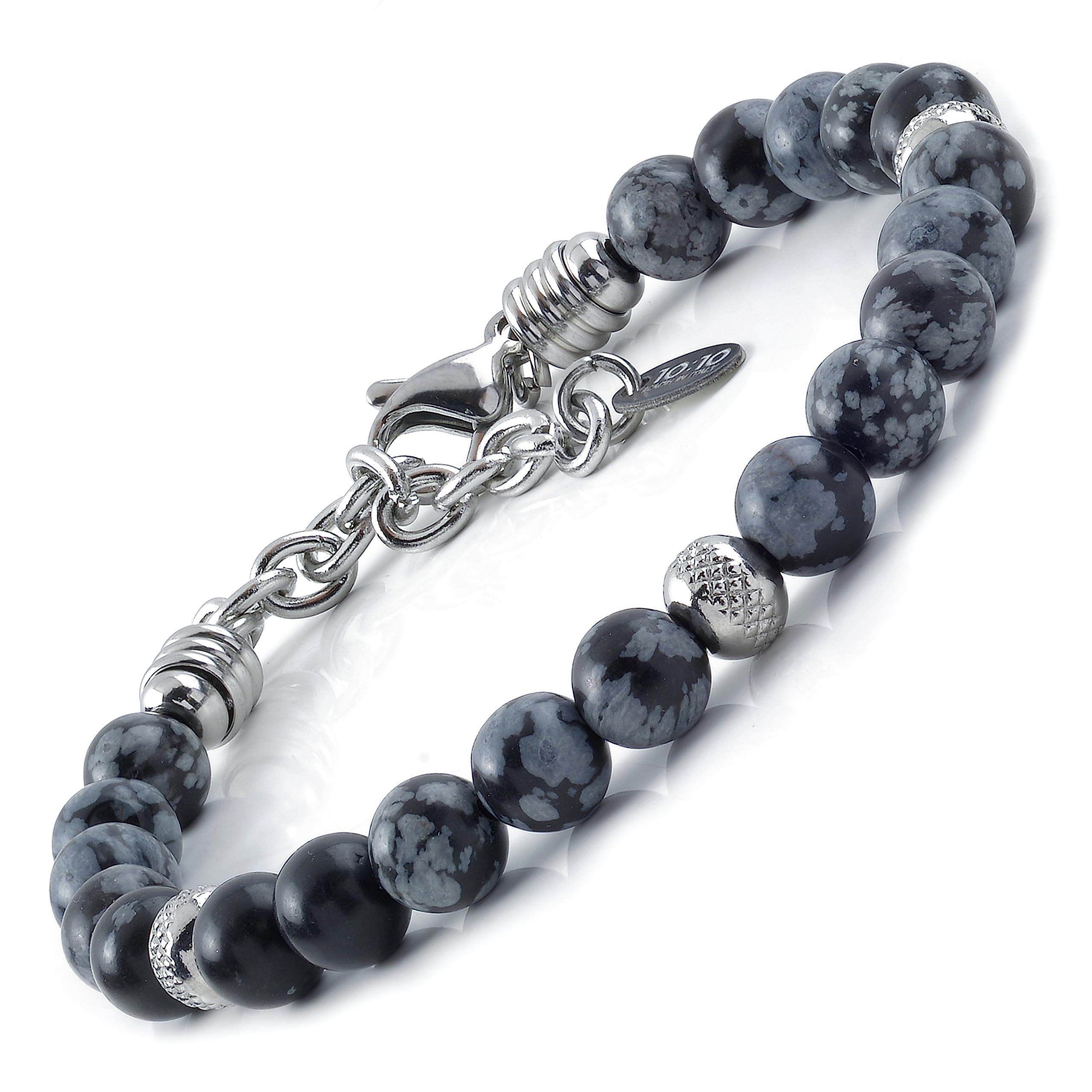 10:10 Jewels Men's and Women's Bracelet with 0,25 inch Natural Obsidian Snow Flake Stones, Male or Female Bracelet with Diamond Beads in Stainless Steel and Very Resistant, Made in Italy