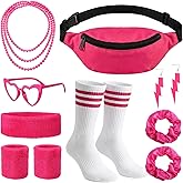 Simlakey 80s Neon Workout Costume Accessories Set 11 Pcs Sock Necklace Glasses Frames for Women 80s Headband Wristband Fanny Pack for Yoga Running