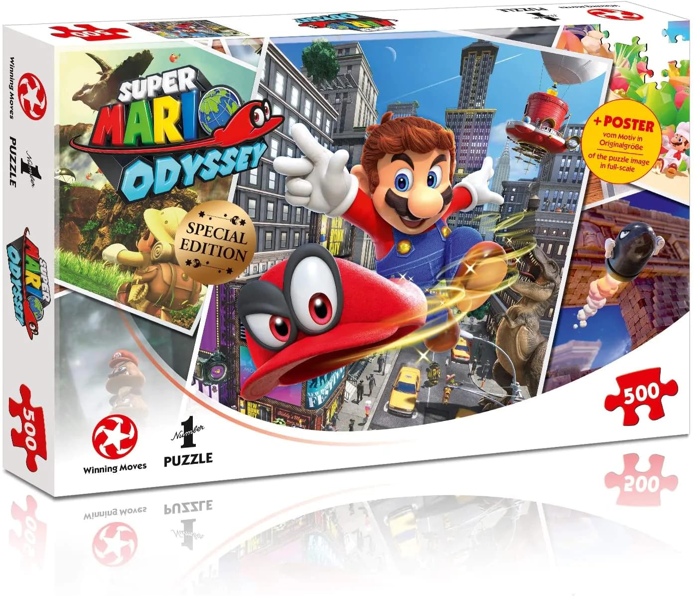 Winning Moves Super Mario Odyssey 500 Piece Jigsaw Puzzle Game, join Mario and Cappy in Cascade Kingdom to defeat Bowser and rescue Princess Peach, gift and toy for ages 8 plus