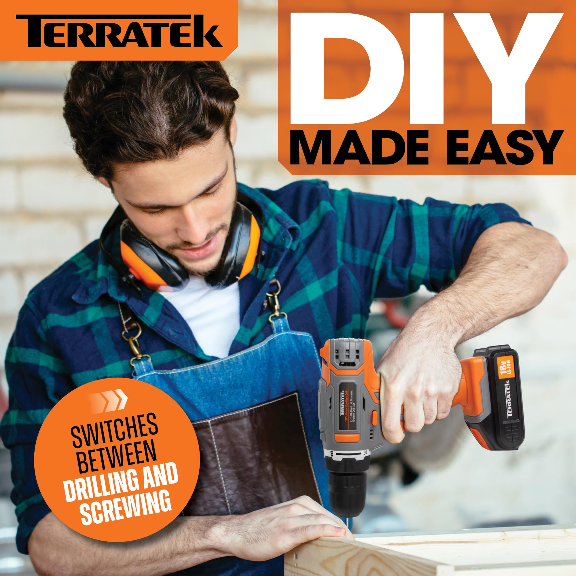 Terratek Cordless Drill Driver 18V Lithium-Ion, 13Pc Electric Screwdriver Set, LED Work Light, Electric Drill Quick Change Power Drill Battery and Charger Included