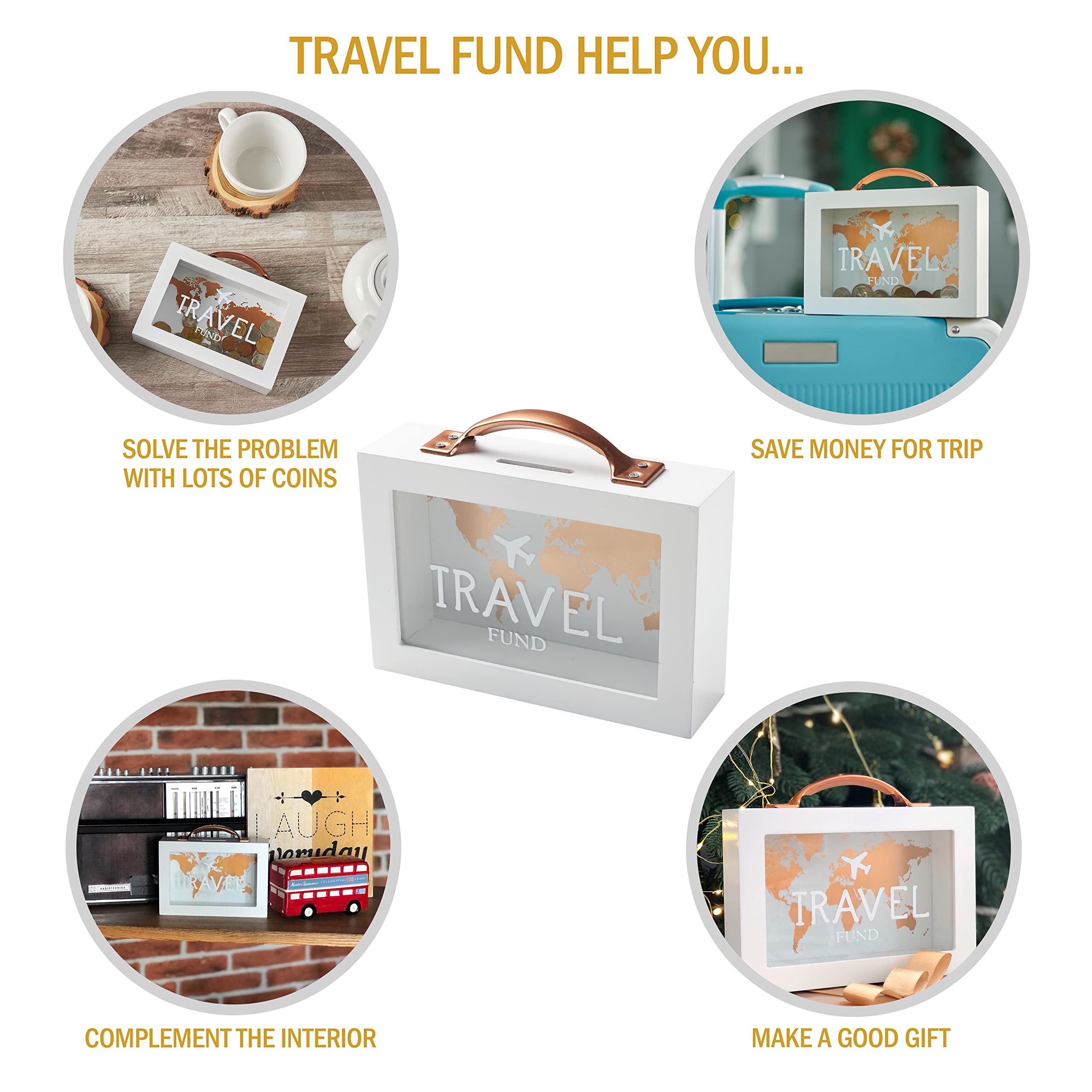 Shadow Money Box for Travel Savings - Coin Bank for Adults - Vacation Jar - White Saving Box With Handle - Honeymoon Fund - Adventure Fund