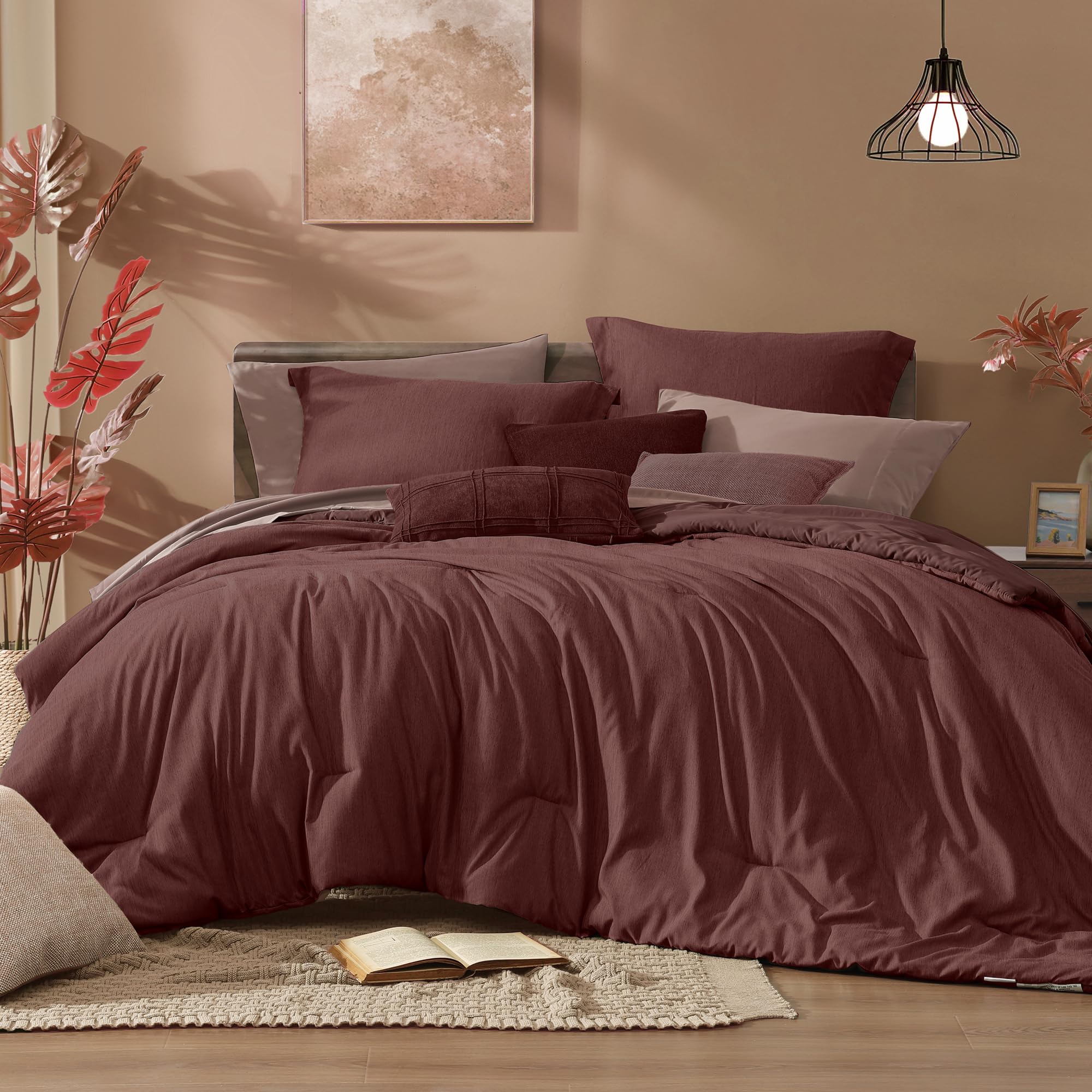 Photo 1 of Monbix Queen Comforter Set - 7 Pieces Cationic Dyeing Dark Red Bed in a Bag Queen Bedding Sets with Comforter, Sheets, Pillowcases & Shams, Reversible Bedding Comforters Sets