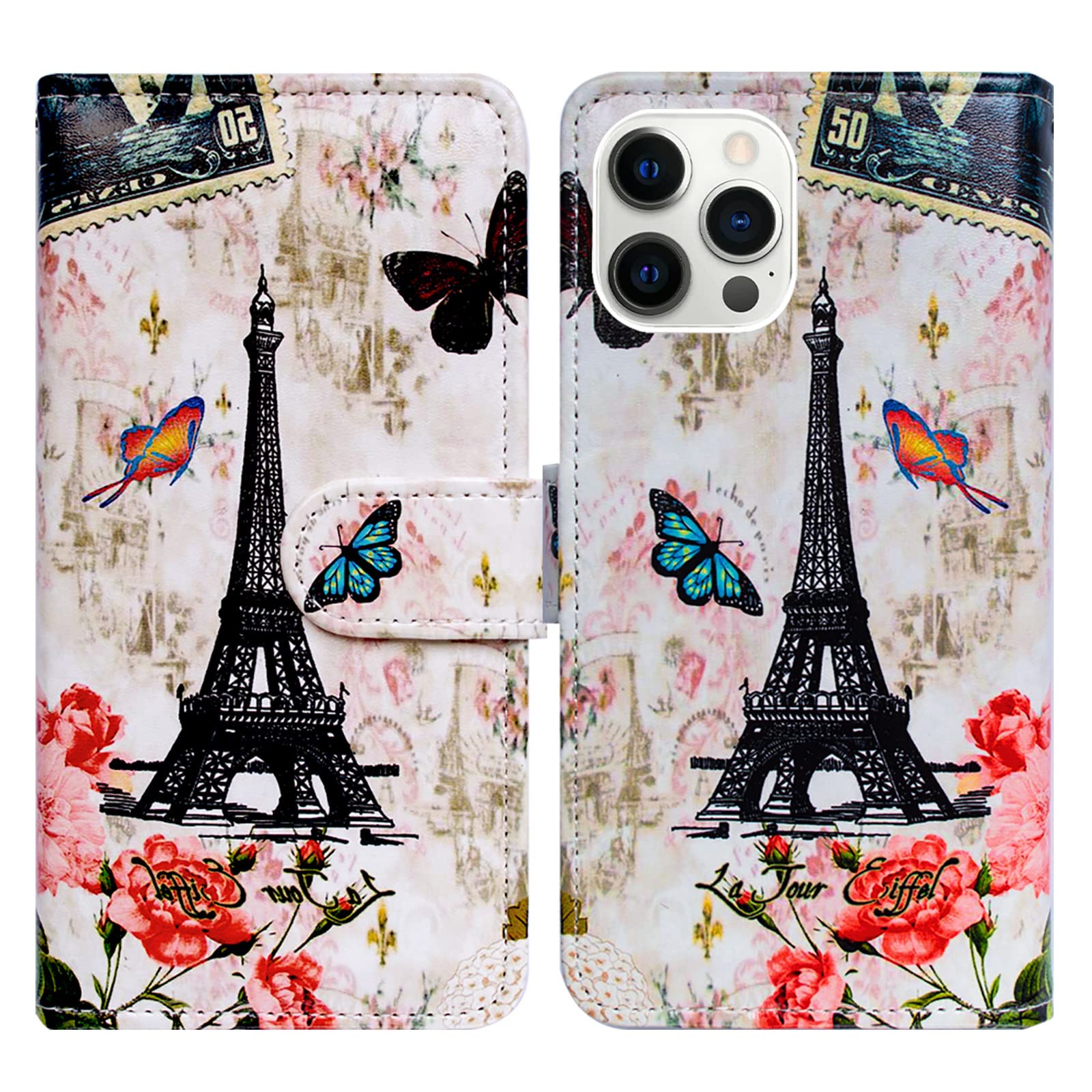 Bcov iPhone 14 Pro Max Case, Paris Tower Butterfly Leather Flip Phone Case Wallet Cover with Card Slot Holder Kickstand For iPhone 14 Pro Max