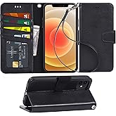 Arae Case for iPhone 12 / iPhone 12 Pro 6.1 inch Wallet Case Flip Cover with Card Holder and Wrist Strap for iPhone 12 / iPhone 12 Pro 6.1 inch - Black