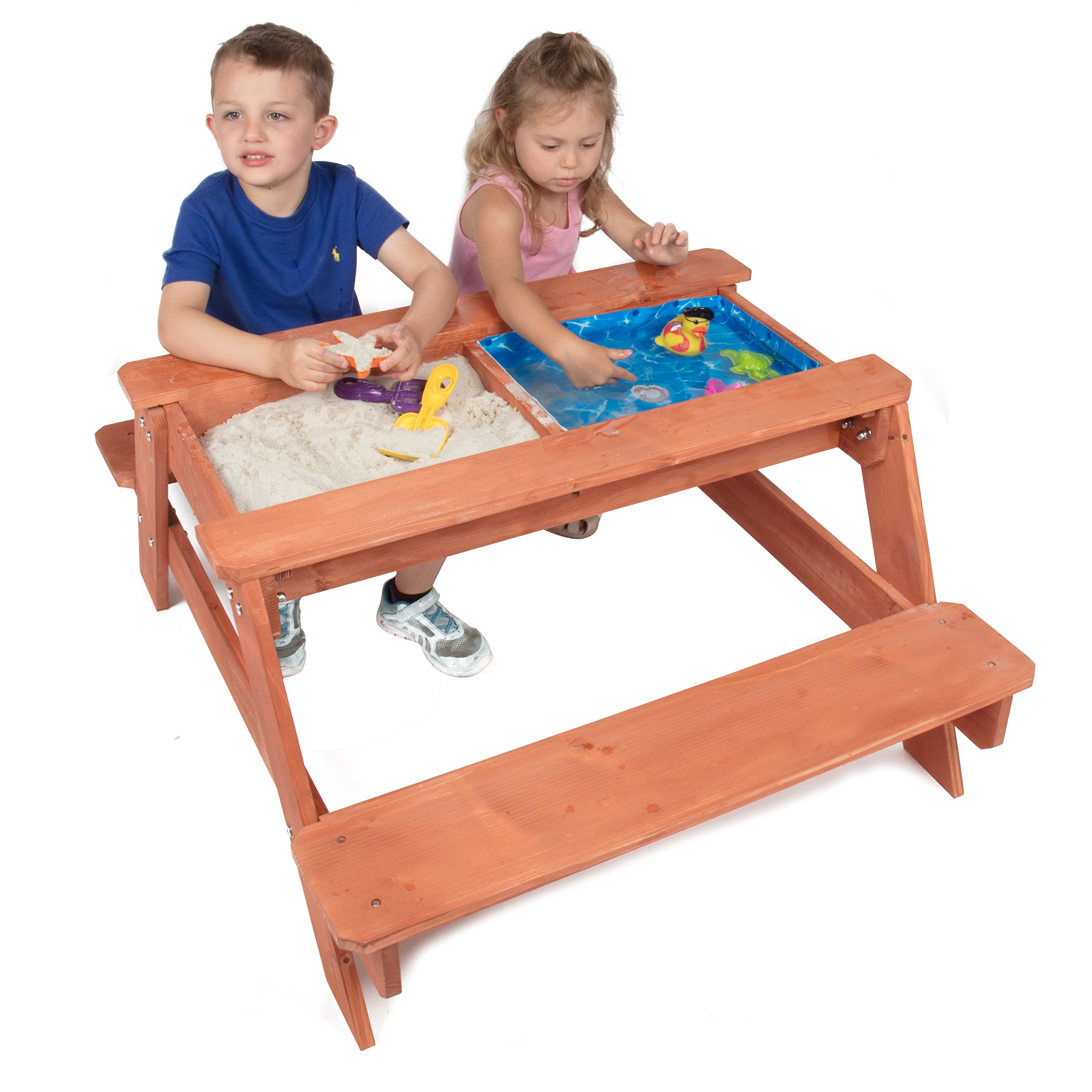 Svan 3 in 1 Sand & Water Indoor/Outdoor Picnic Table - Kids Activity Set with Removable Top & Dual Drains for Easy Cleaning (43 X 35 X 19)- Safe & Fun Sandbox Play- Wooden Playbox Boys Girls Gift