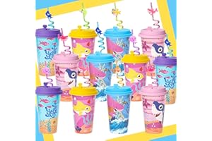 Lidmada 24 Set Shark Birthday Favors Cups with Silly Straws Bulk, 16 OZ Shark Reusable Plastic Cups for Kids Baby Party Decorations Supplies Goodie Bag Stuffers