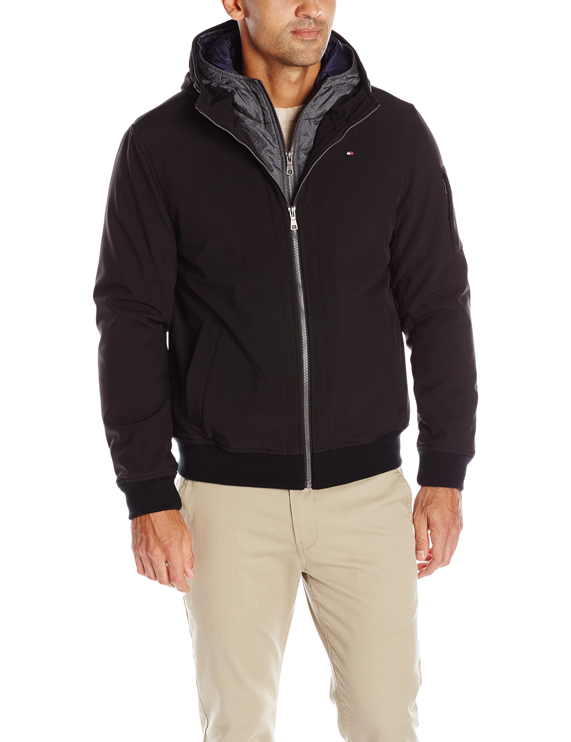 Tommy Hilfiger Men's Soft Shell Fashion Bomber with Contrast Bib and Hood, Black/Heather Grey Bib, S by Tommy Hilfiger