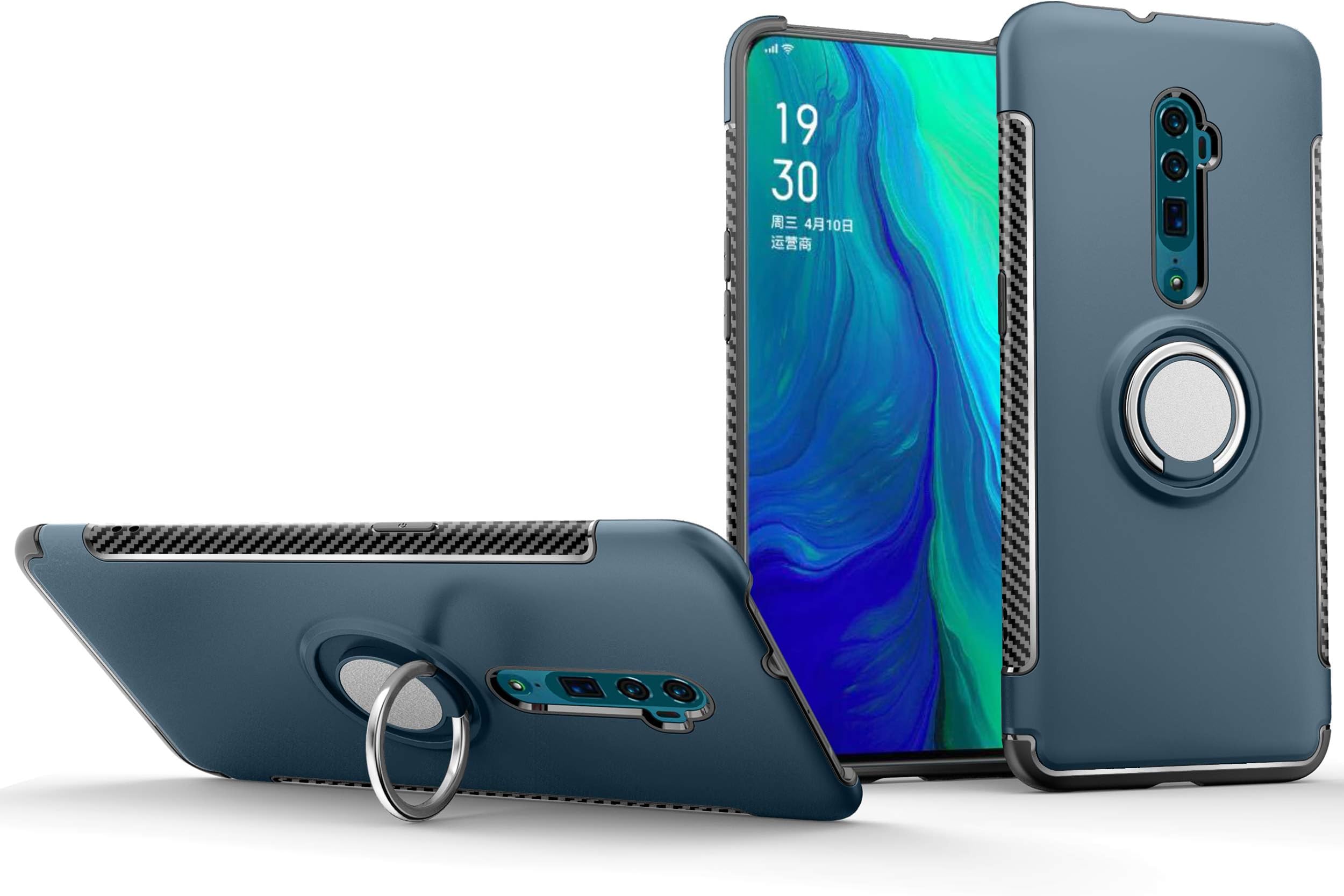 BRAND SET Case for Oppo Reno 10x Zoom with ring bracket, PC hard shell and TPU silicone two-in-one double cover shell all-inclusive protection ultra-thin mobile phone Case-Light blue