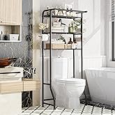 Simple Trending Over The Toilet Storage Cabinet, Metal Bathroom Shelf Organizer with Paper Holder and Hooks, 3 Tier, Black