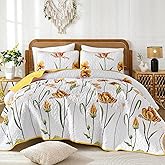 WONGS BEDDING Yellow Quilt Set Queen Size, Colorful Floral Quilt Set with 2 Pillowcase, Lightweight Spring Summer Farmhouse Coverlet Set for All Season (96"x90")