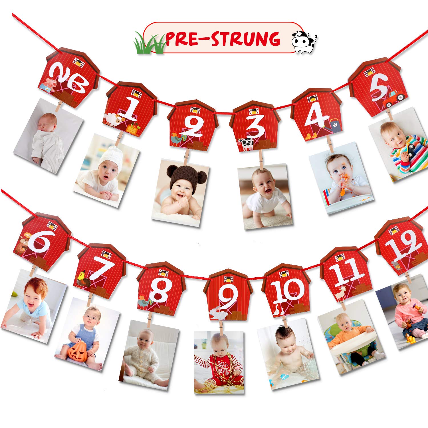 Farm Animal Theme Photo Banner 1st Birthday Monthly Banner Newborn to 12 Month Photo Display Milestone Photograph for Barnyard First Birthday Party Decorations Supplies
