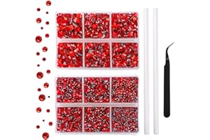 OUTUXED 5040pcs Red Flatback Rhinestones for Crafting, Crystal Round Gems for Nail Art DIY Crafts Halloween Clothes Bags, 6 Mixed Size Hotfix Rhinestones with Tweezers and Picking Rhinestones Pen