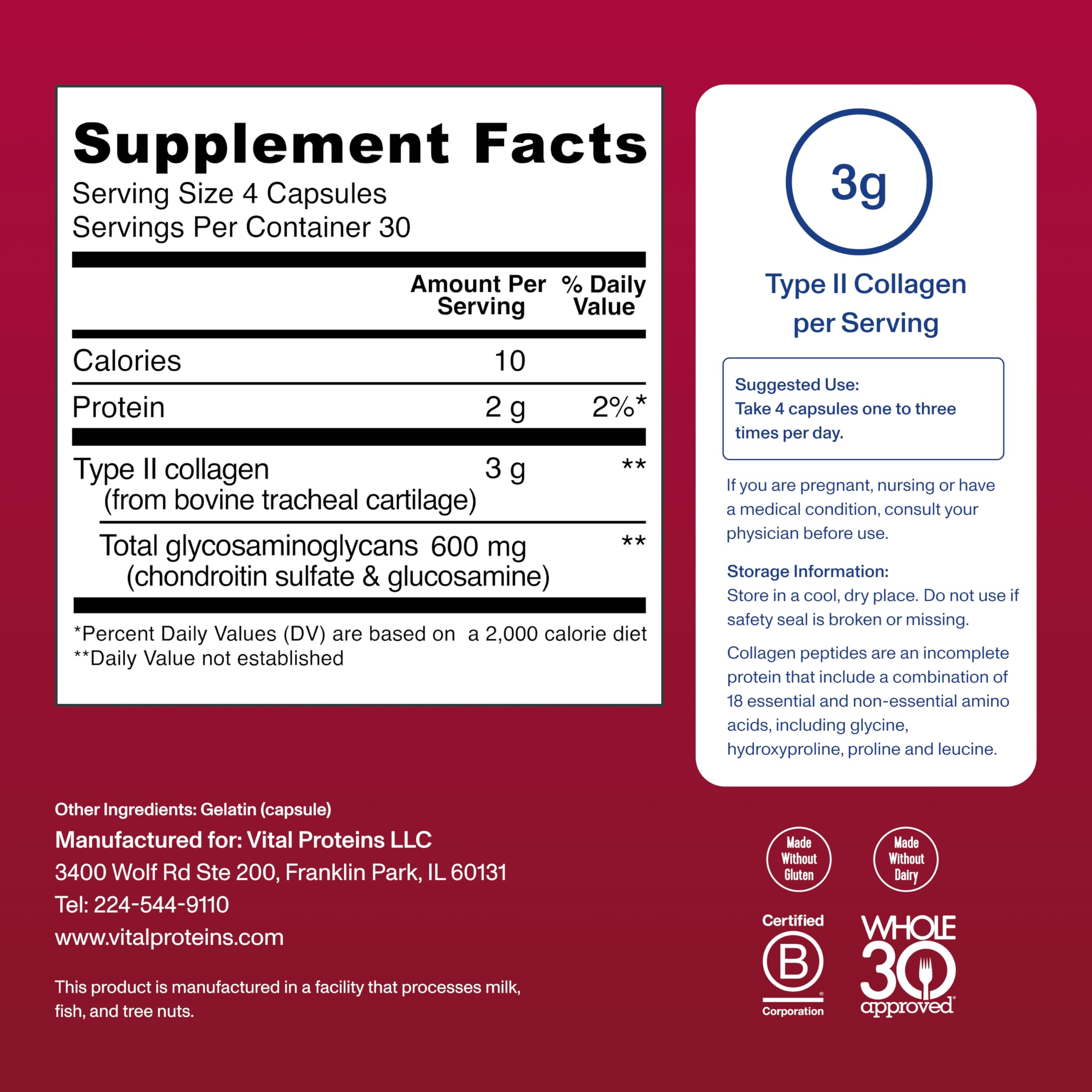 Vital Proteins Cartilage Collagen Pills, Type II Collagen & Chondroitin Sulfate Supplement for Recovery & Healthy Hair, Skin, Nails and Joints - 750 mg Serving with 120 Capsules