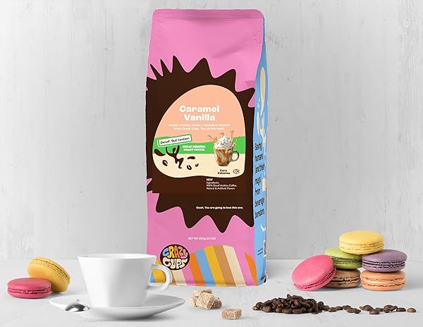 CRAZY CUPS DECAF FLAVORED GROUND COFFEE, CARAMEL VANILLA, IN 10 OZ BAG, FOR BREWING FLAVORED HOT OR ICED DECAF COFFEE