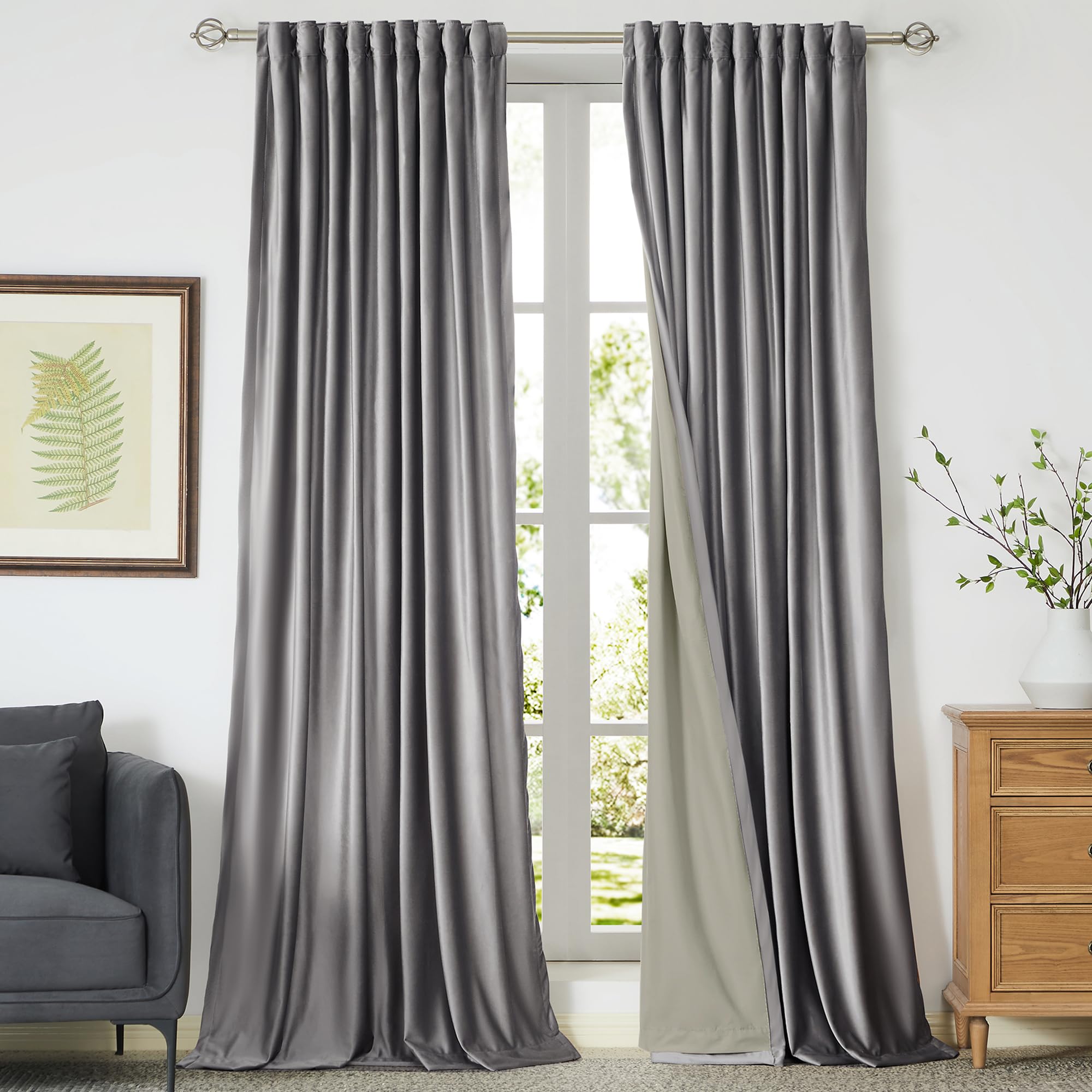 Photo 1 of 100% Full Blackout Silver Grey Velvet Curtains 102 inch Long for Living Room,Set of 2 Panels Liner Rod Pocket Back Tab Thermal Window Curtains Room Darkening Heavy Decorative Drapes for Bedroom